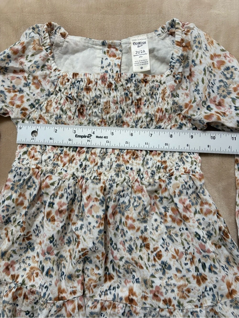 OshKosh B'gosh Cream Floral Smocked Long Sleeve Dress with Pink and Rust Accents